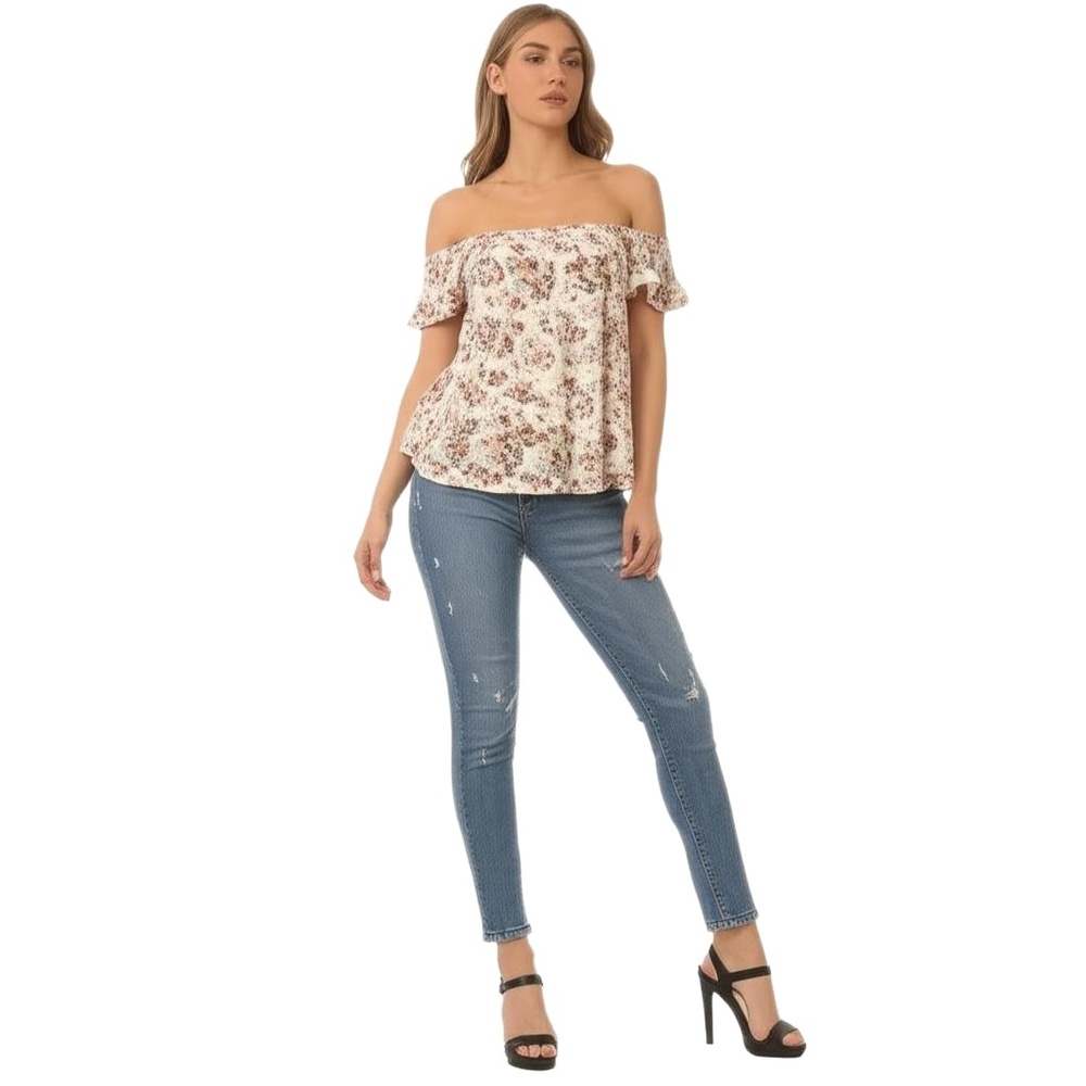 POLLY & ESTHER White Floral Off-Shoulder Ruffled‎ Boho Chic Top Womens Medium